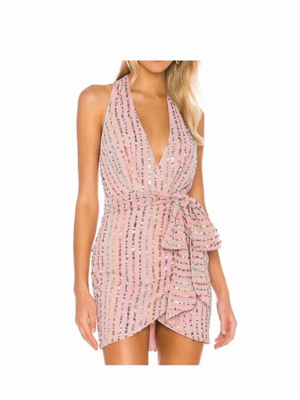 NBD Revolve Blush Pink Halter Wrap Mini Dress Rainbow Sequins Size S Small NEW